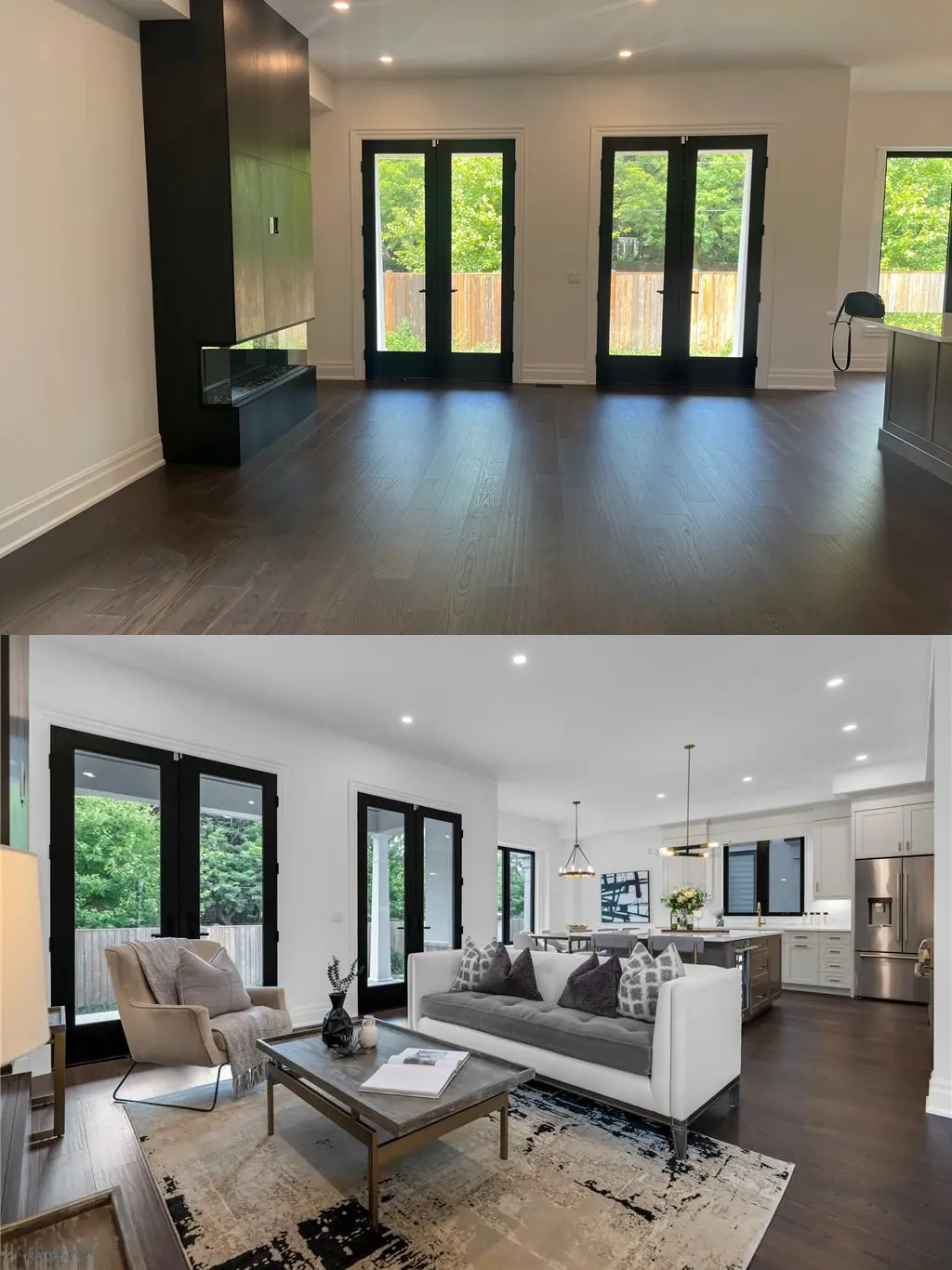 Before and after open-concept living room staging