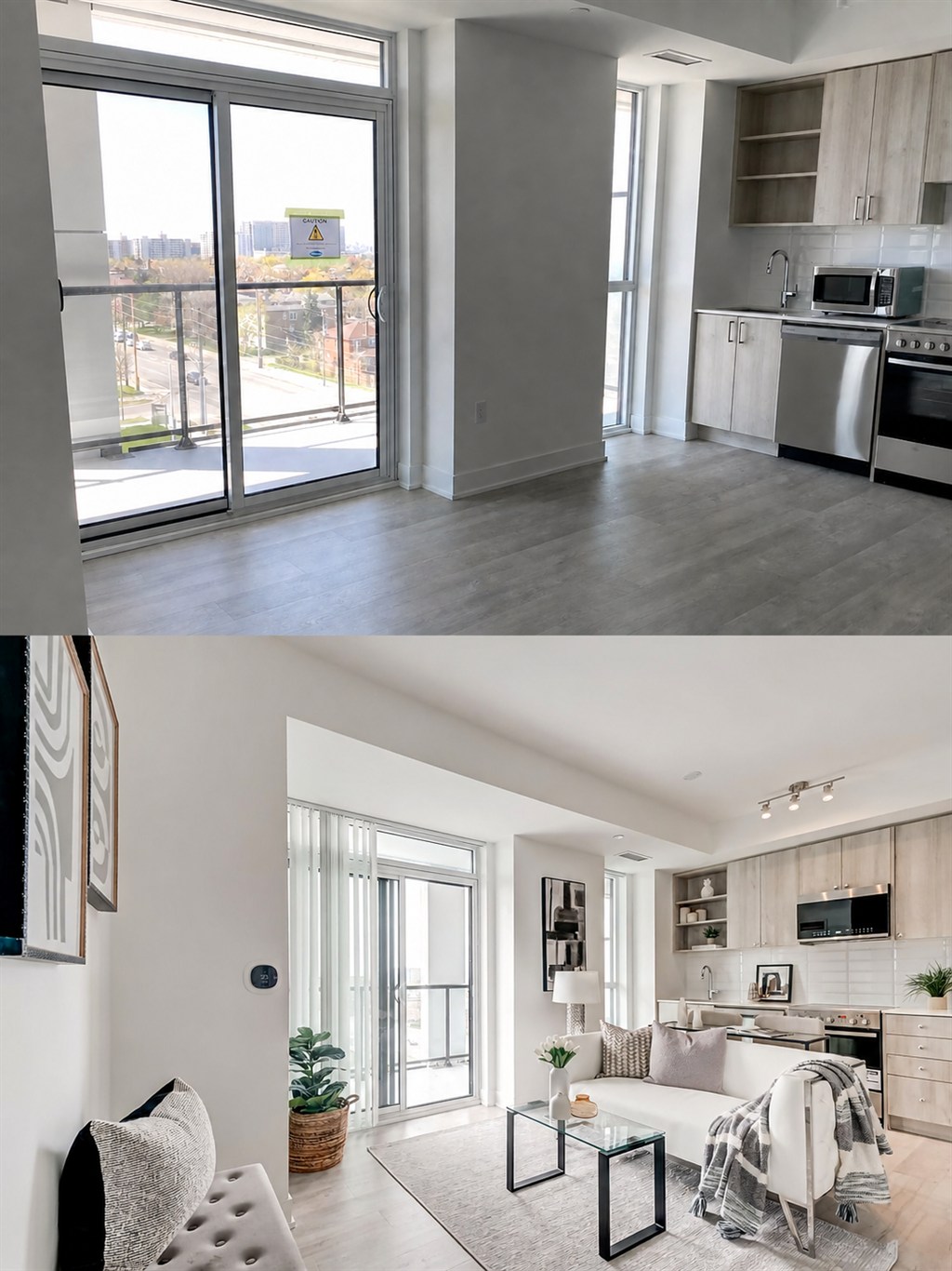 Before and after condo living room and kitchen staging