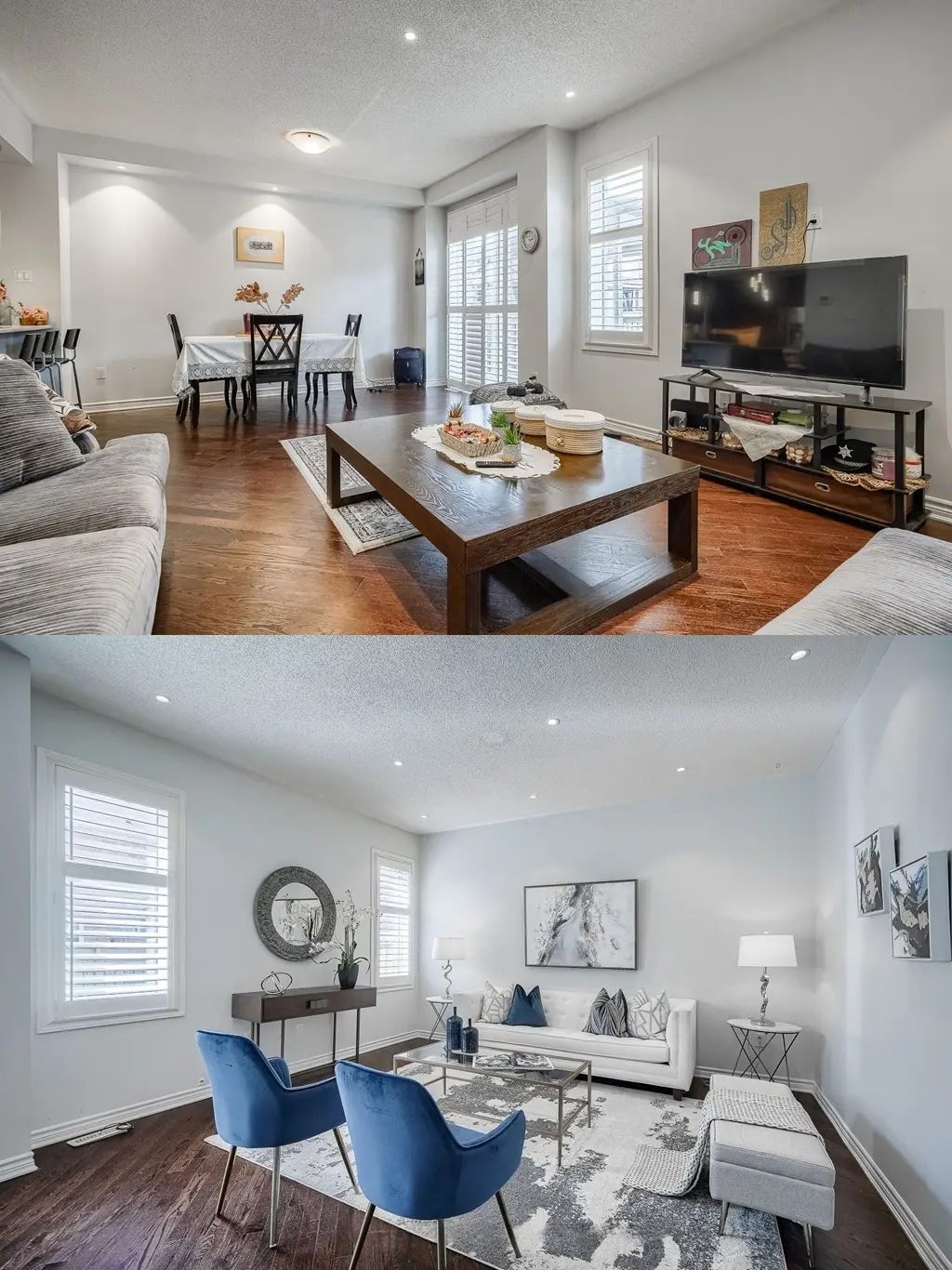 Before and after living and dining room staging