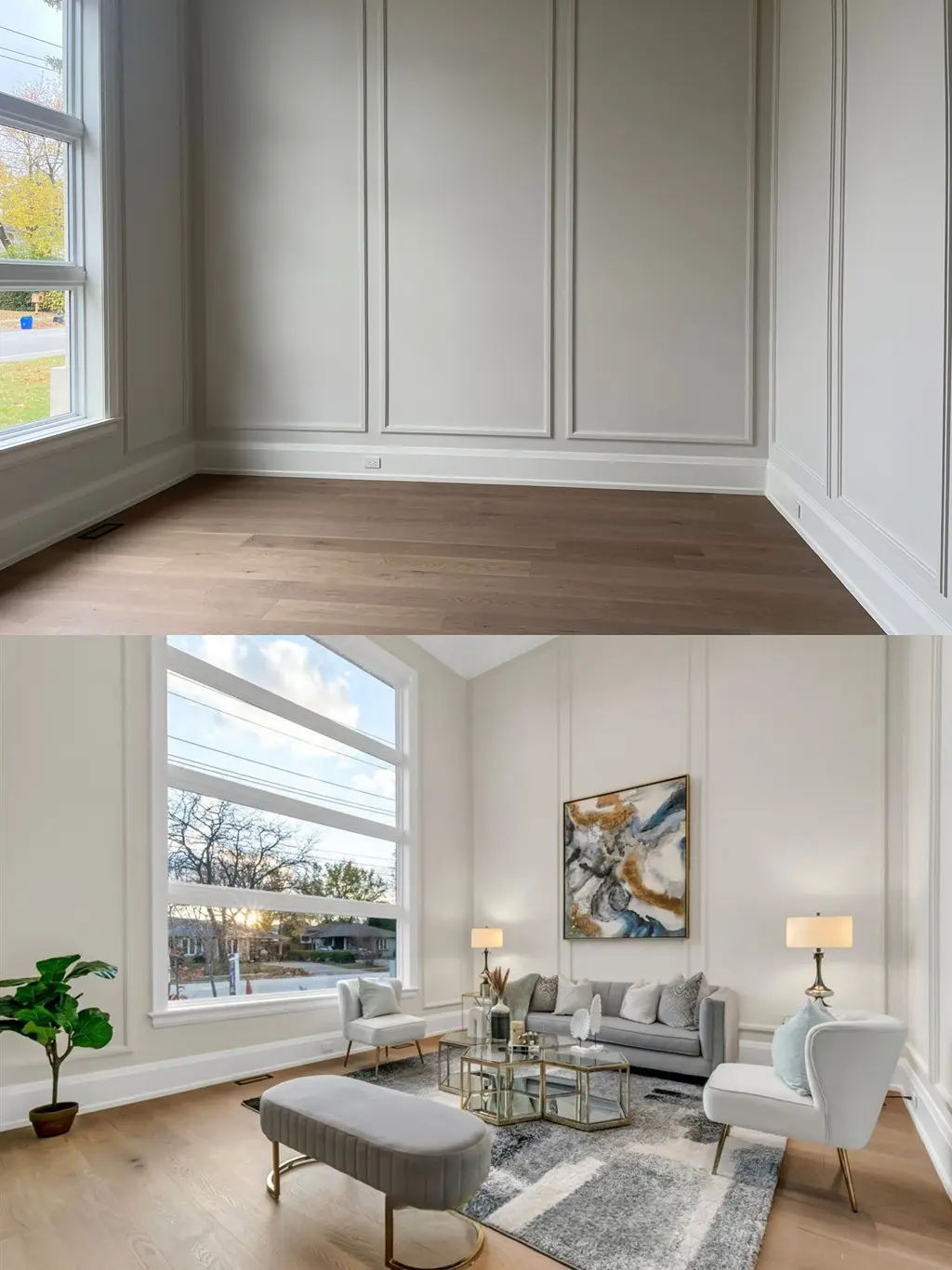 Before and after condo living room staging
