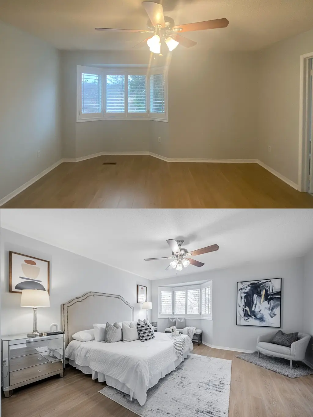 Before and after primary bedroom home staging