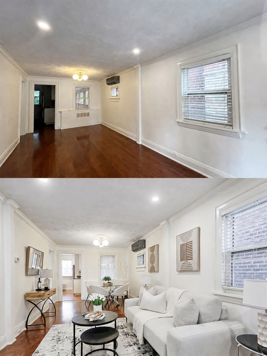 Before and after occupied living room home staging