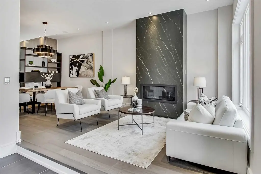 Modern black and white living room staged by Astra