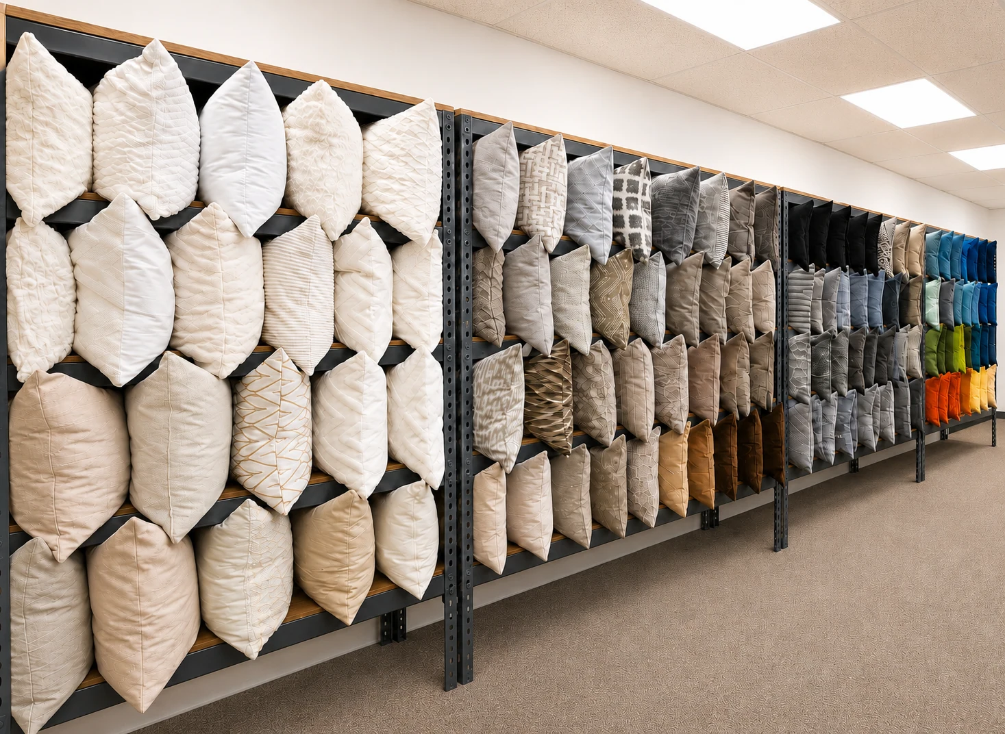 Organized neutral and colourful cushion inventory inside the Astra Staging warehouse