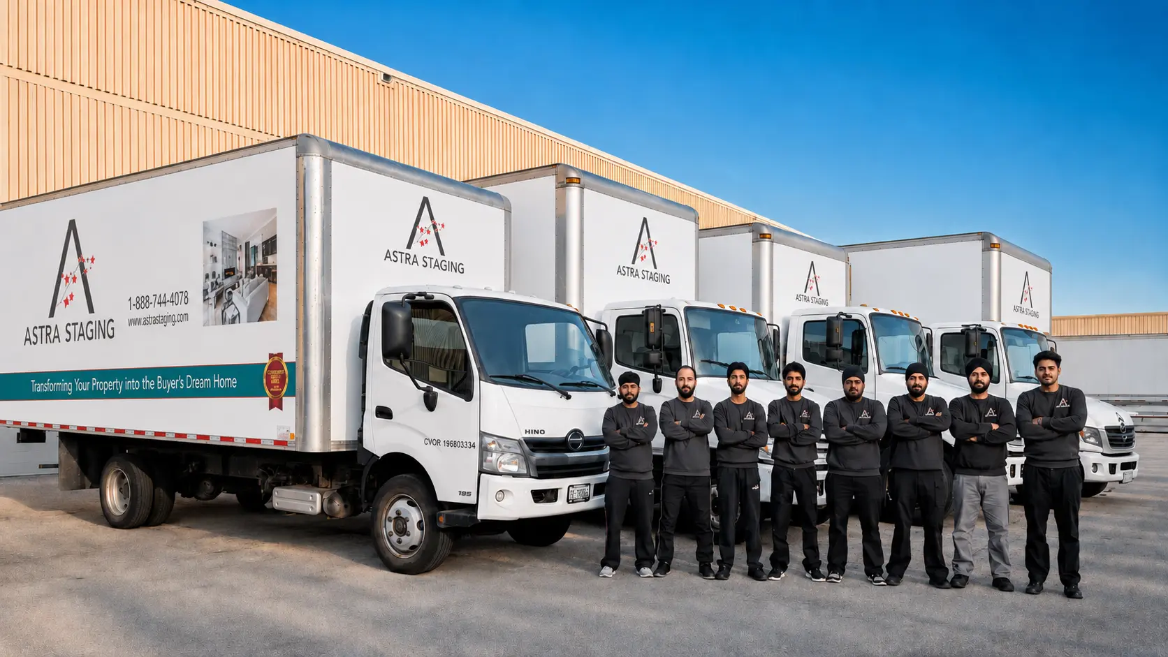 Astra Staging movers standing in front of the company truck fleet